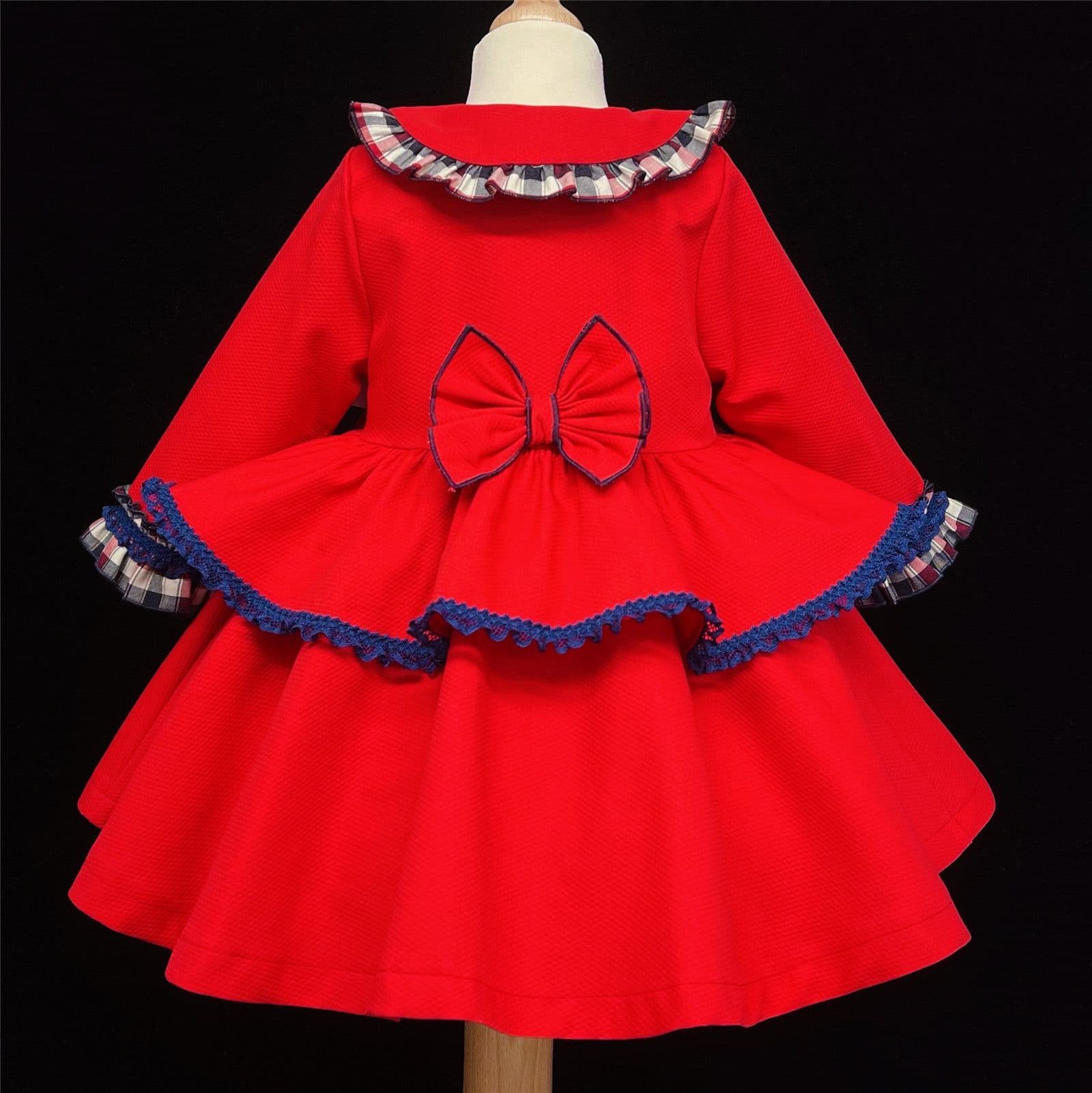 *SALE* Red Navy Checked Waffle Puff Ball Frilly Jacket Satin Bows "MYD866"