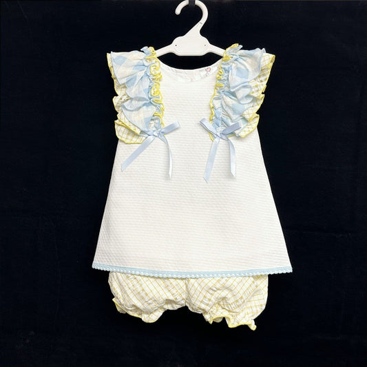 *SALE* Waffle Summer Dress Blue Yellow Frills with Knickers "2362"
