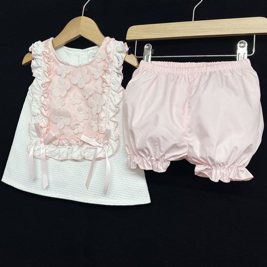 *SALE* Waffle Summer Dress Pink Organza Flowers with Knickers "2361P"