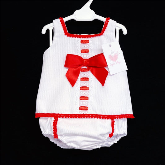 *SALE* White Waffle Red Satin Bow Dress with Pants "LM013 Red"