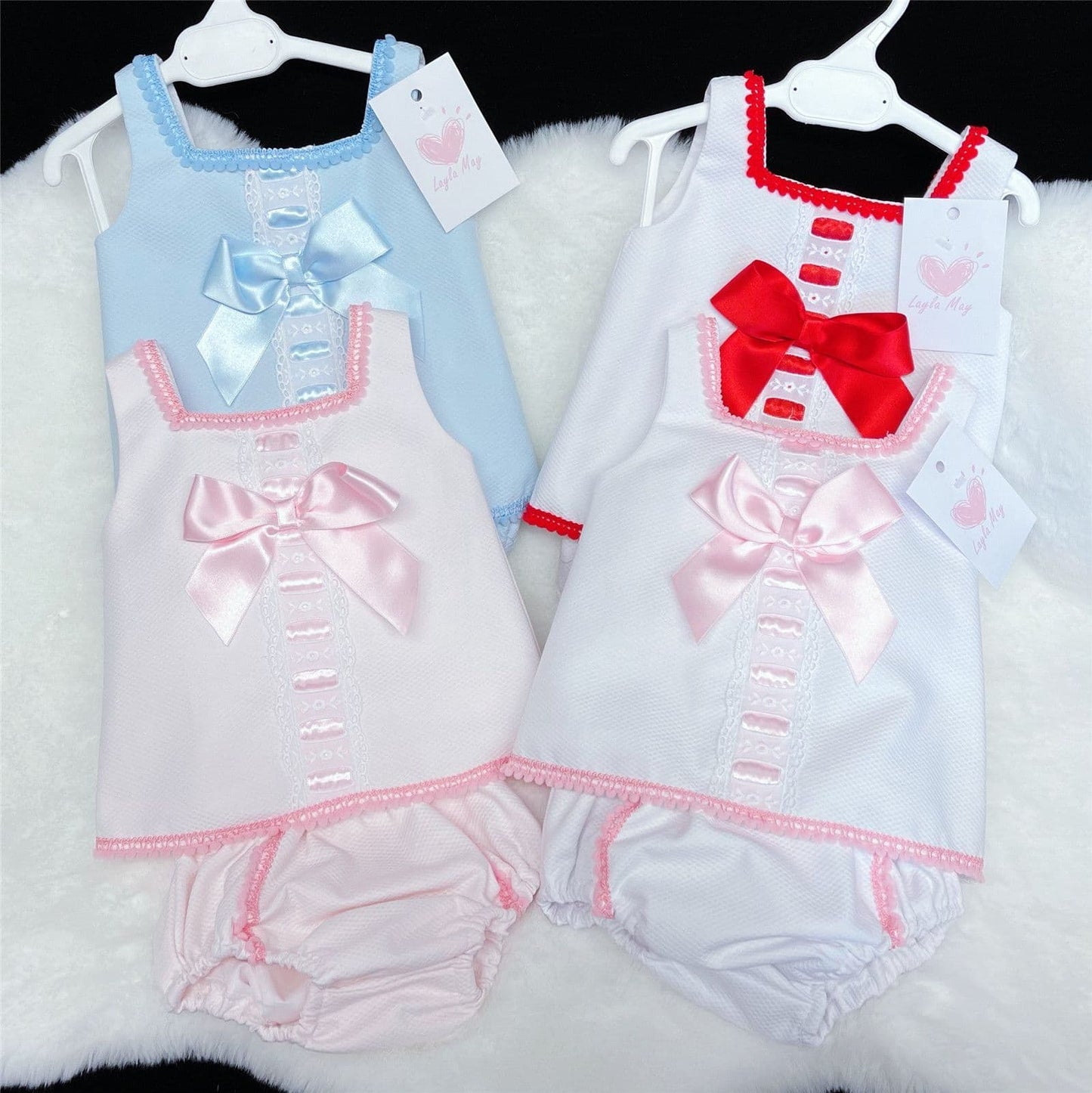 *SALE* White Waffle Red Satin Bow Dress with Pants "LM013 Red"