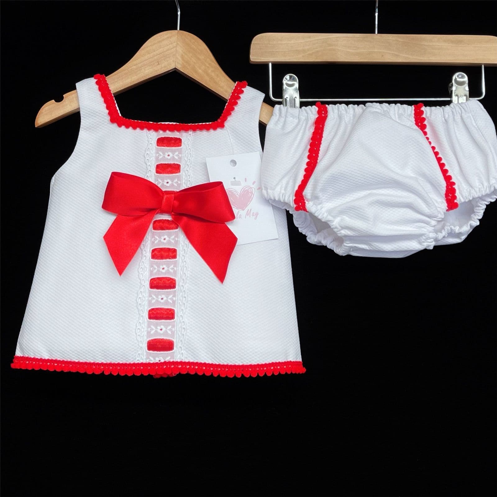 *SALE* White Waffle Red Satin Bow Dress with Pants "LM013 Red"