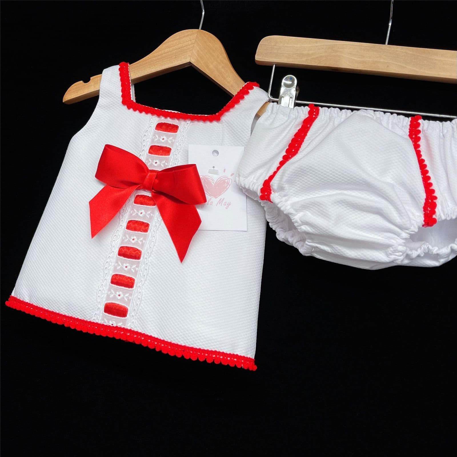 *SALE* White Waffle Red Satin Bow Dress with Pants "LM013 Red"