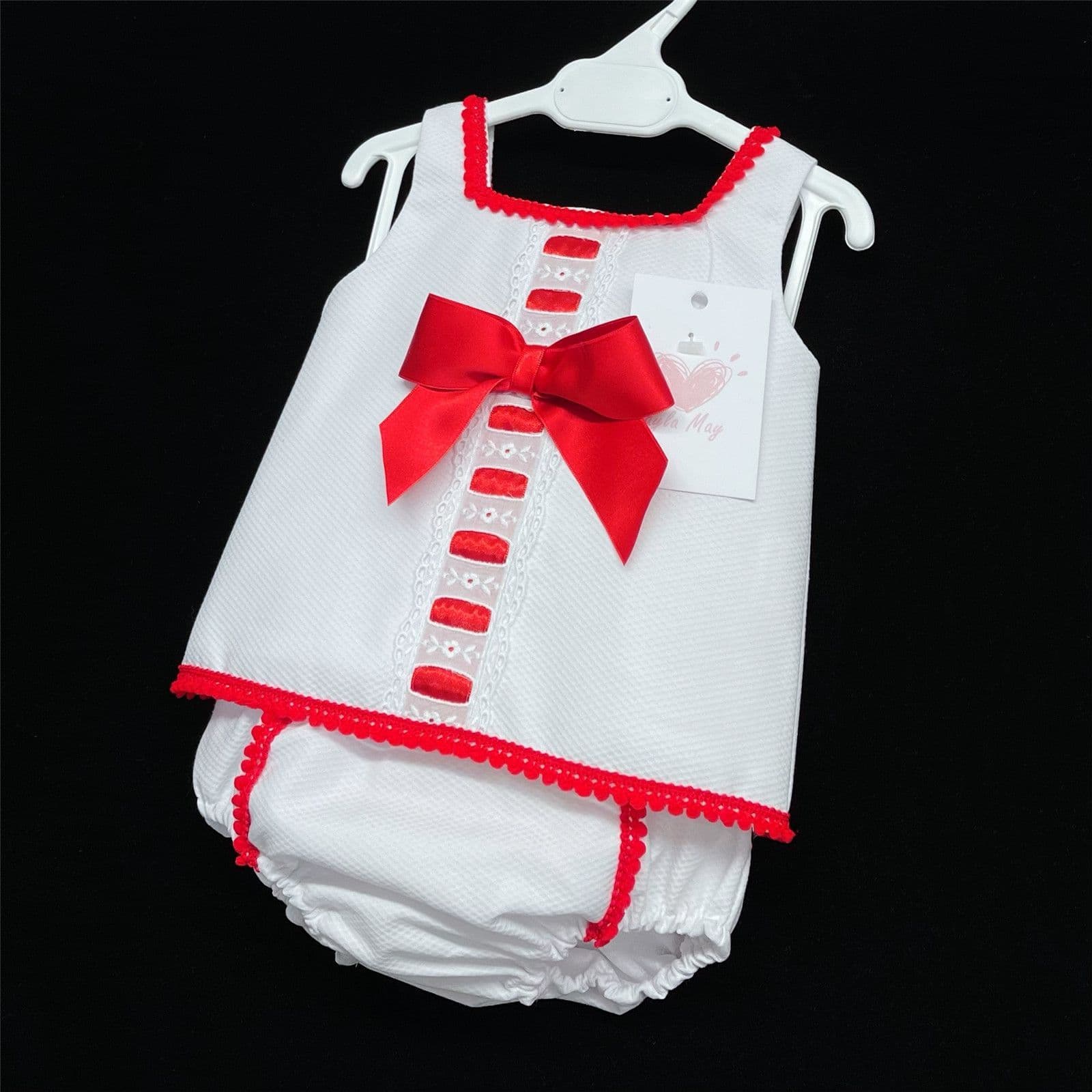 *SALE* White Waffle Red Satin Bow Dress with Pants "LM013 Red"