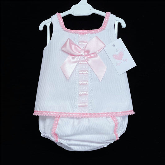 *SALE* White Waffle Ribbon Insert Lace Pink Satin Bow Pants Set "LM013 WP"