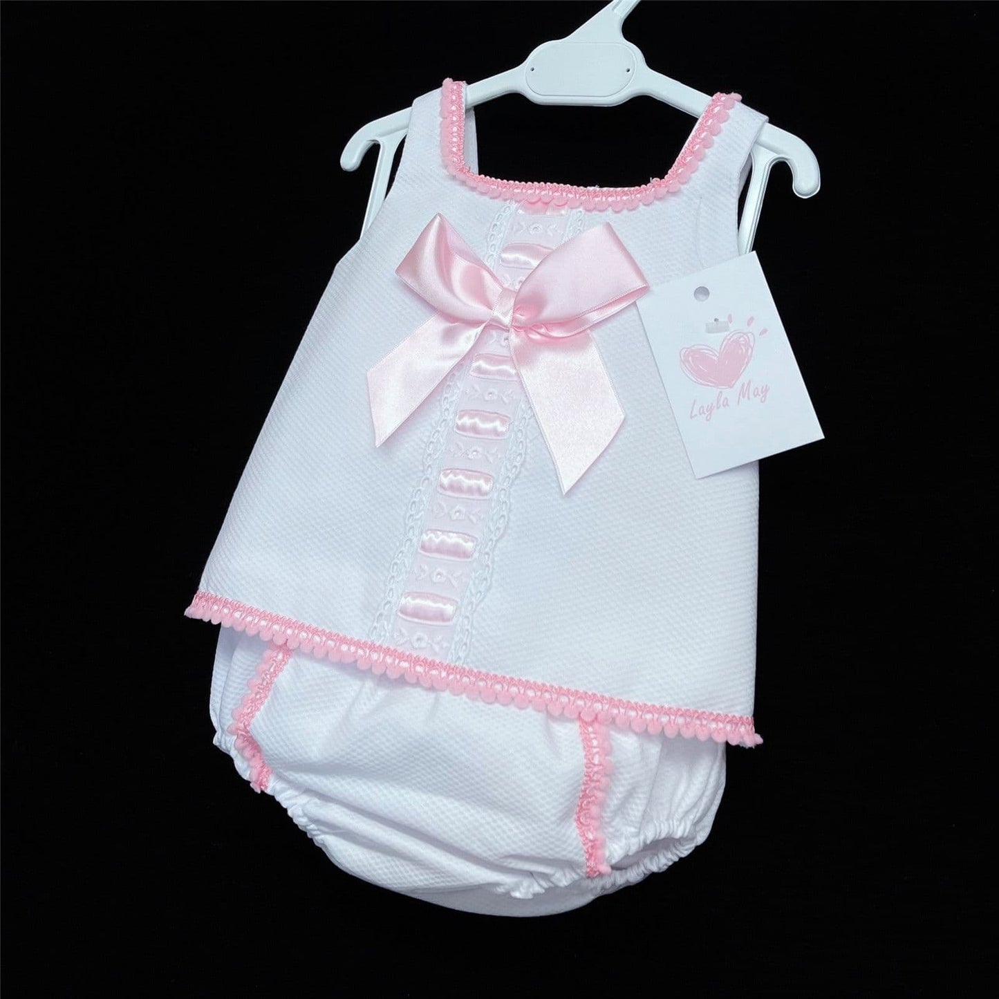 *SALE* White Waffle Ribbon Insert Lace Pink Satin Bow Pants Set "LM013 WP"
