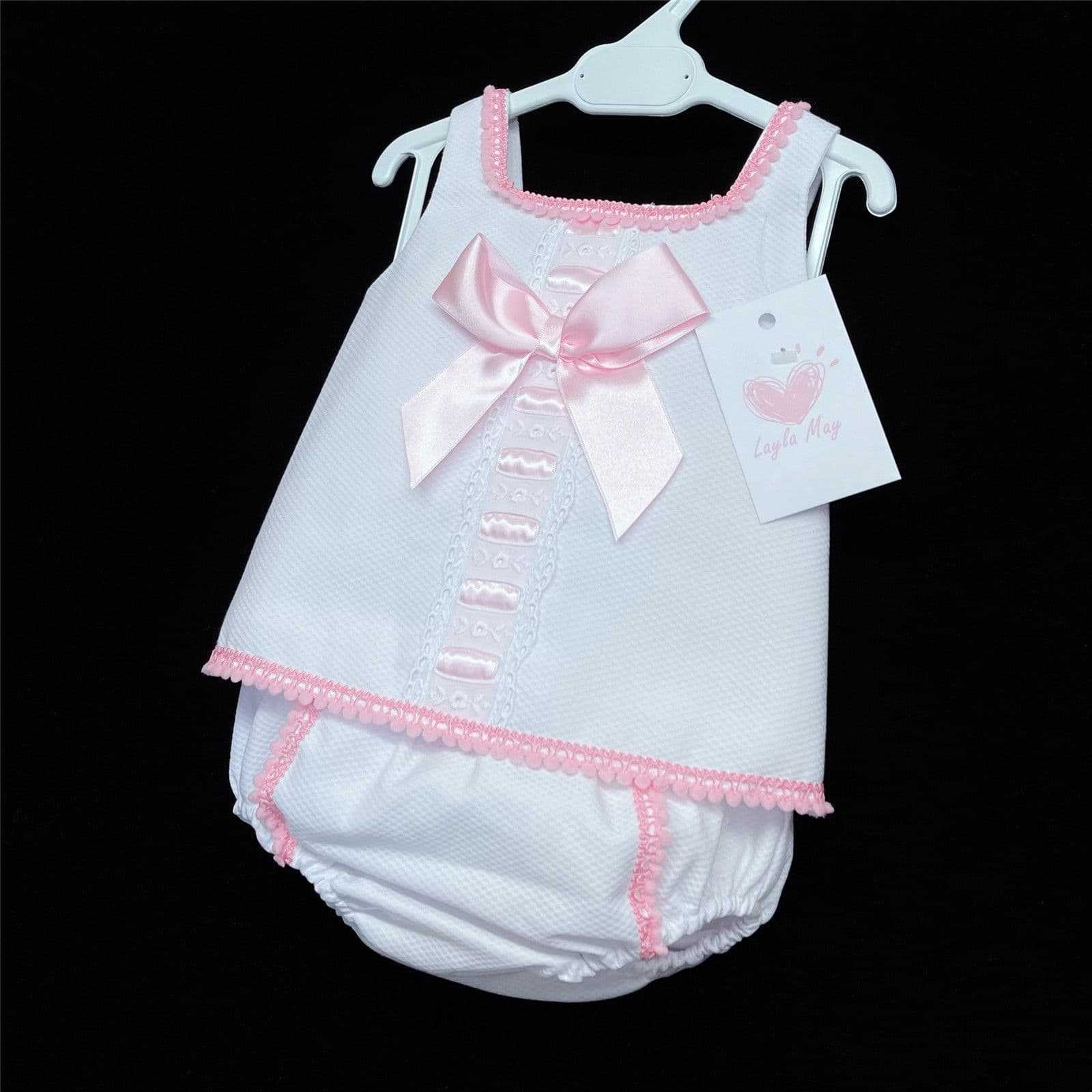 *SALE* White Waffle Ribbon Insert Lace Pink Satin Bow Pants Set "LM013 WP"