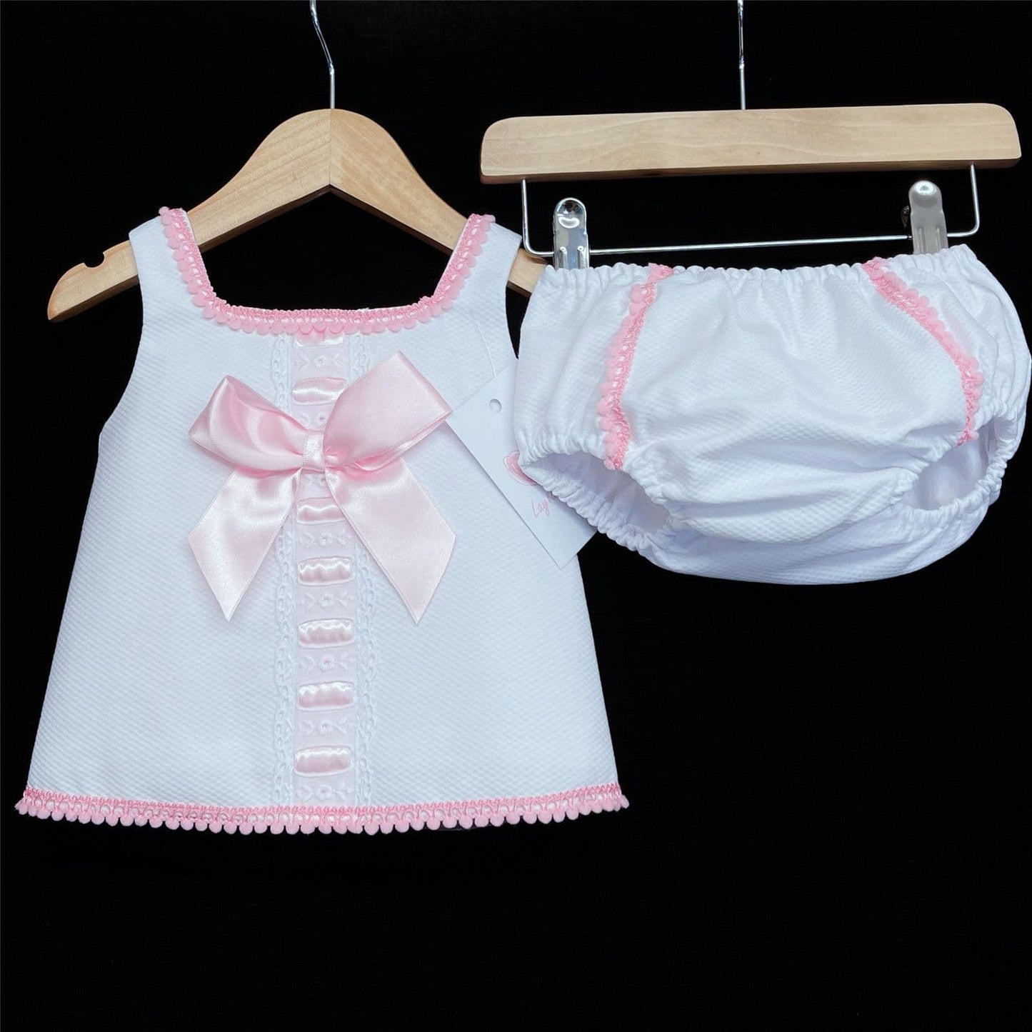 *SALE* White Waffle Ribbon Insert Lace Pink Satin Bow Pants Set "LM013 WP"