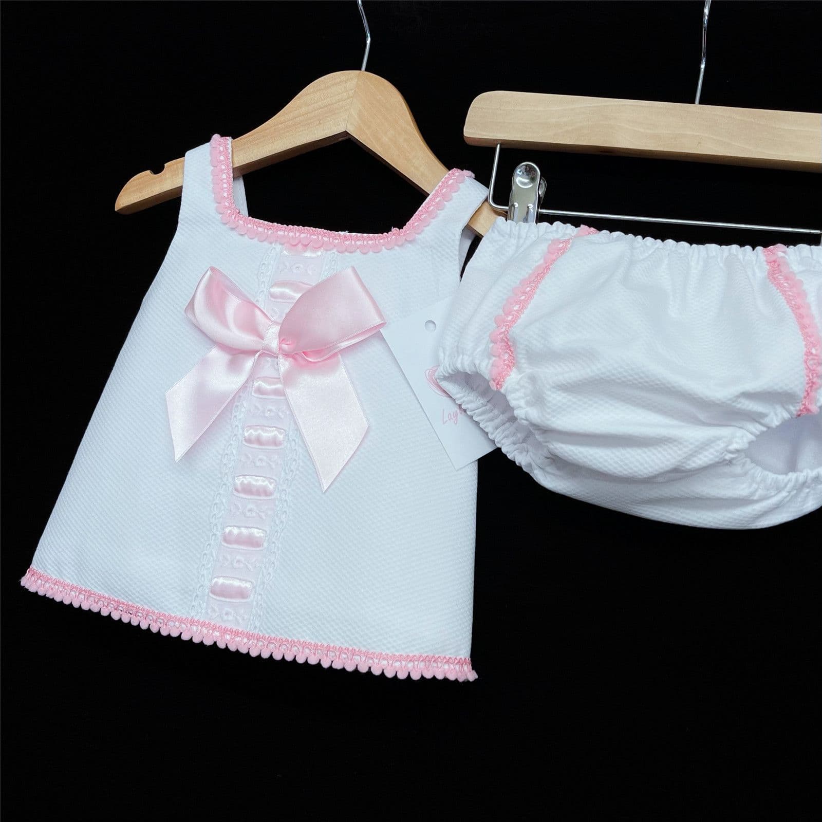 *SALE* White Waffle Ribbon Insert Lace Pink Satin Bow Pants Set "LM013 WP"