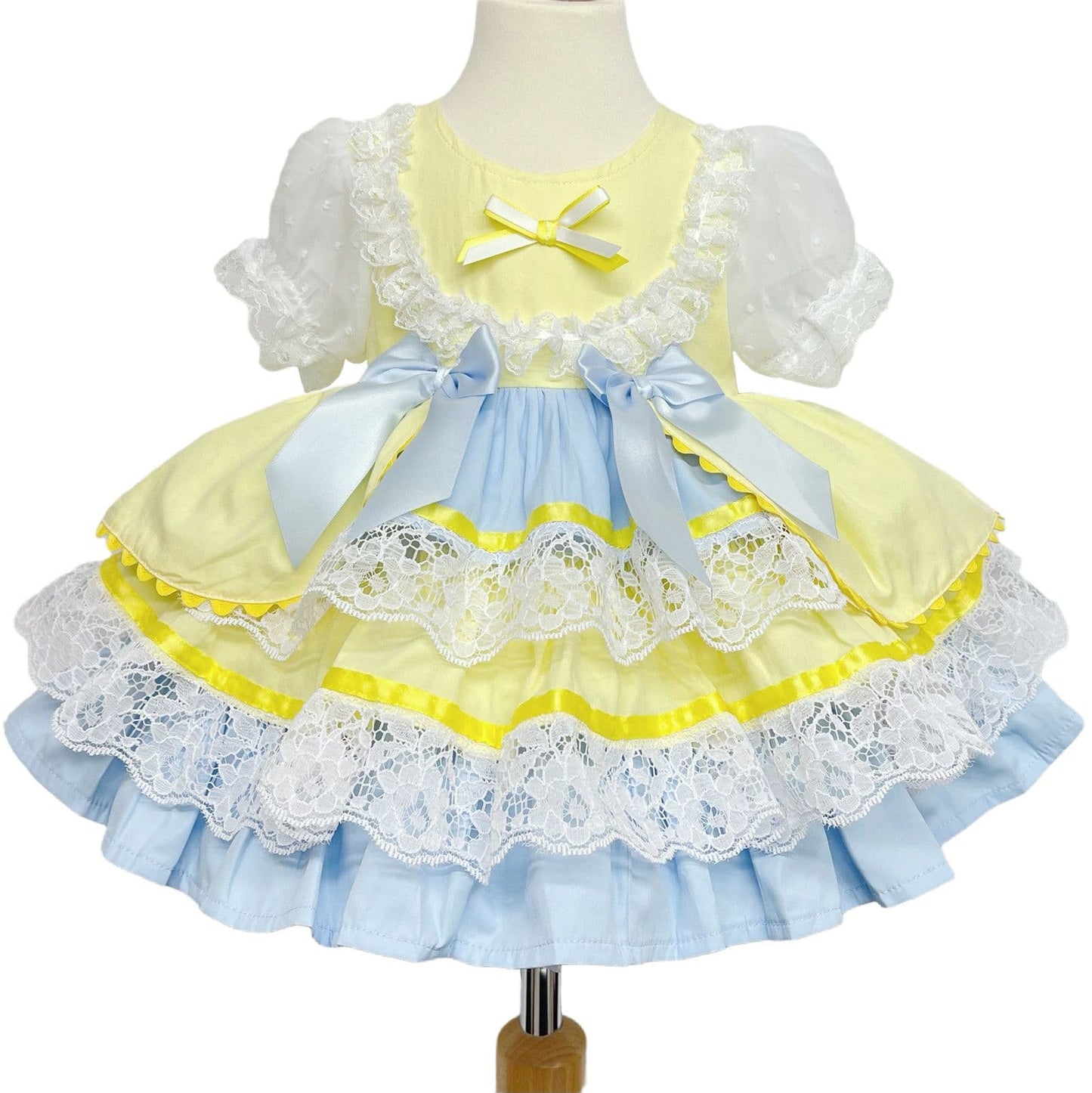 *SALE* Yellow & Blue Spanish Style Baby Girl Dress with Lace & Satin Bows 2159 Yellow