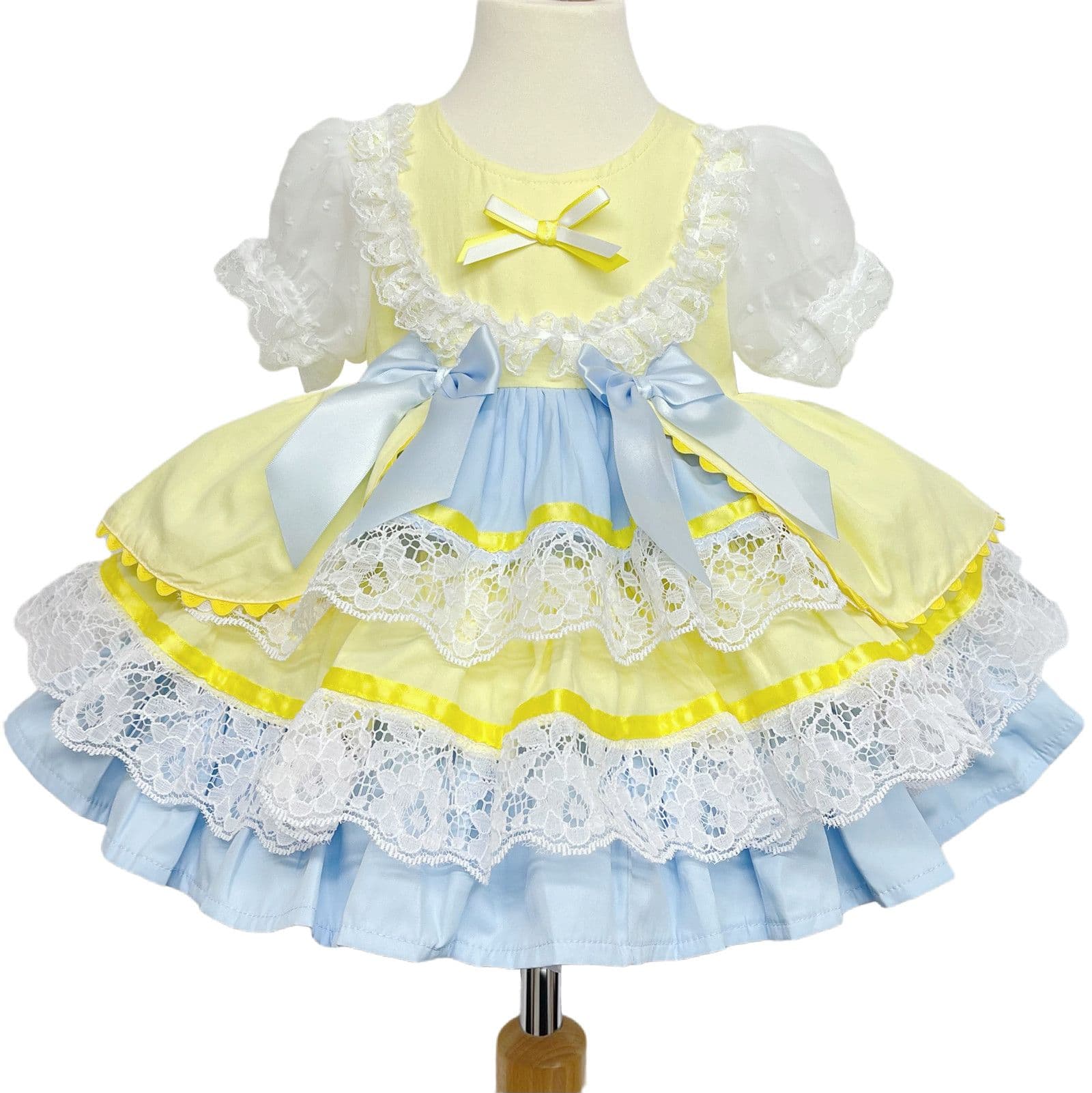 *SALE* Yellow & Blue Spanish Style Baby Girl Dress with Lace & Satin Bows 2159 Yellow