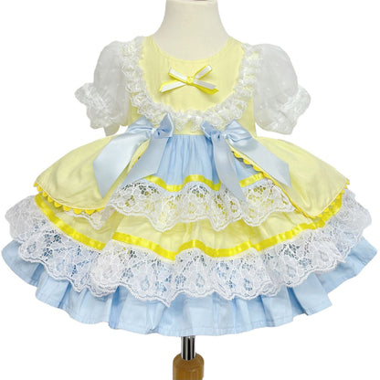 *SALE* Yellow & Blue Spanish Style Baby Girl Dress with Lace & Satin Bows 2159 Yellow