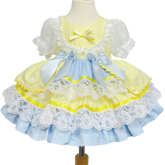 *SALE* Yellow & Blue Spanish Style Baby Girl Dress with Lace & Satin Bows 2159 Yellow