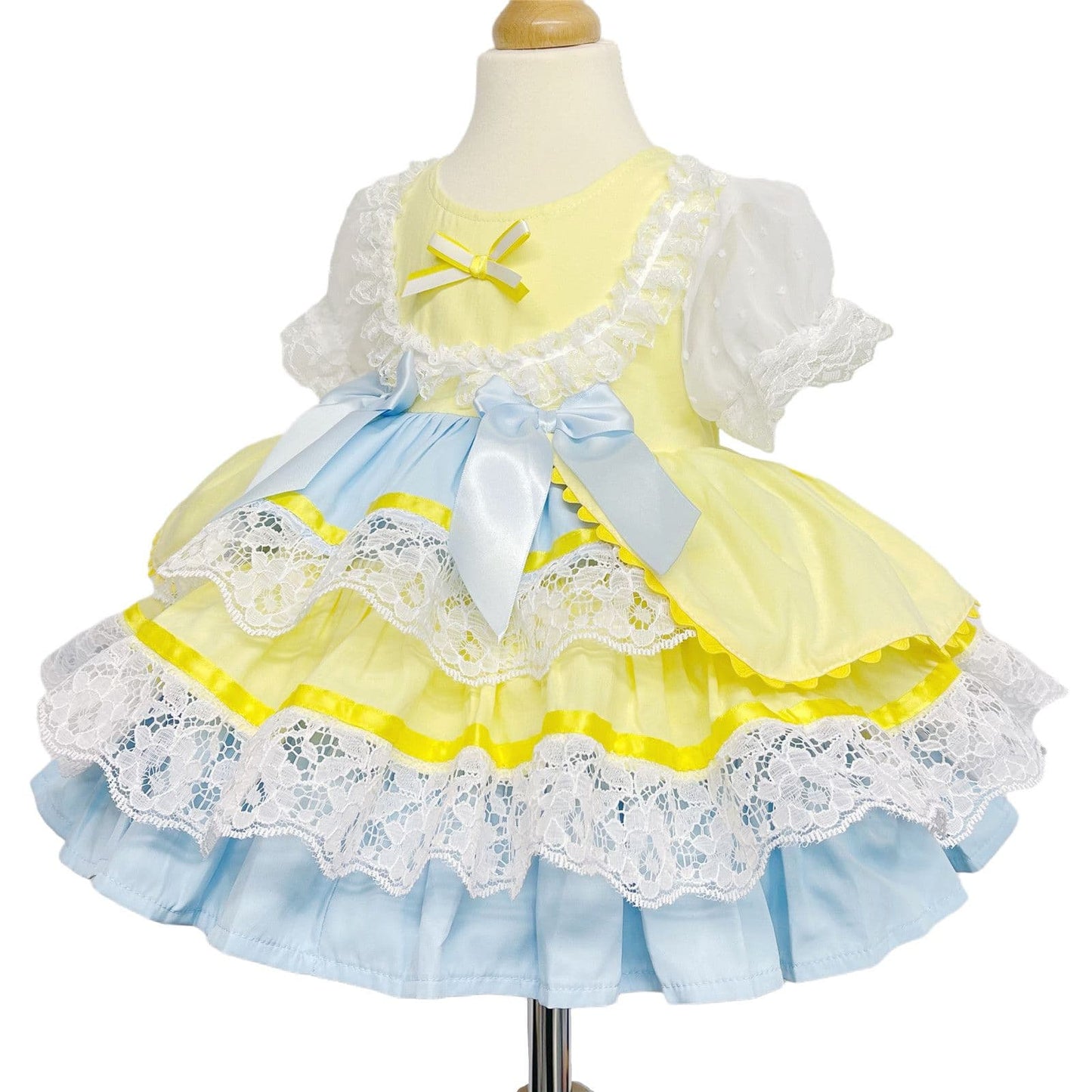 *SALE* Yellow & Blue Spanish Style Baby Girl Dress with Lace & Satin Bows 2159 Yellow