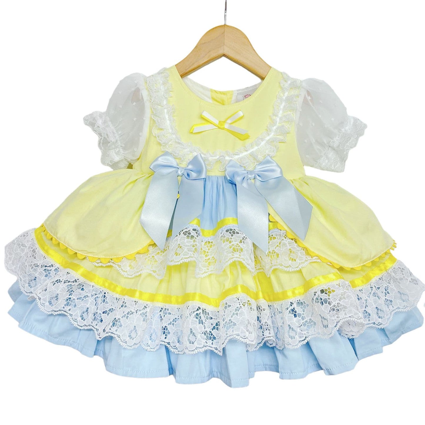 *SALE* Yellow & Blue Spanish Style Baby Girl Dress with Lace & Satin Bows 2159 Yellow