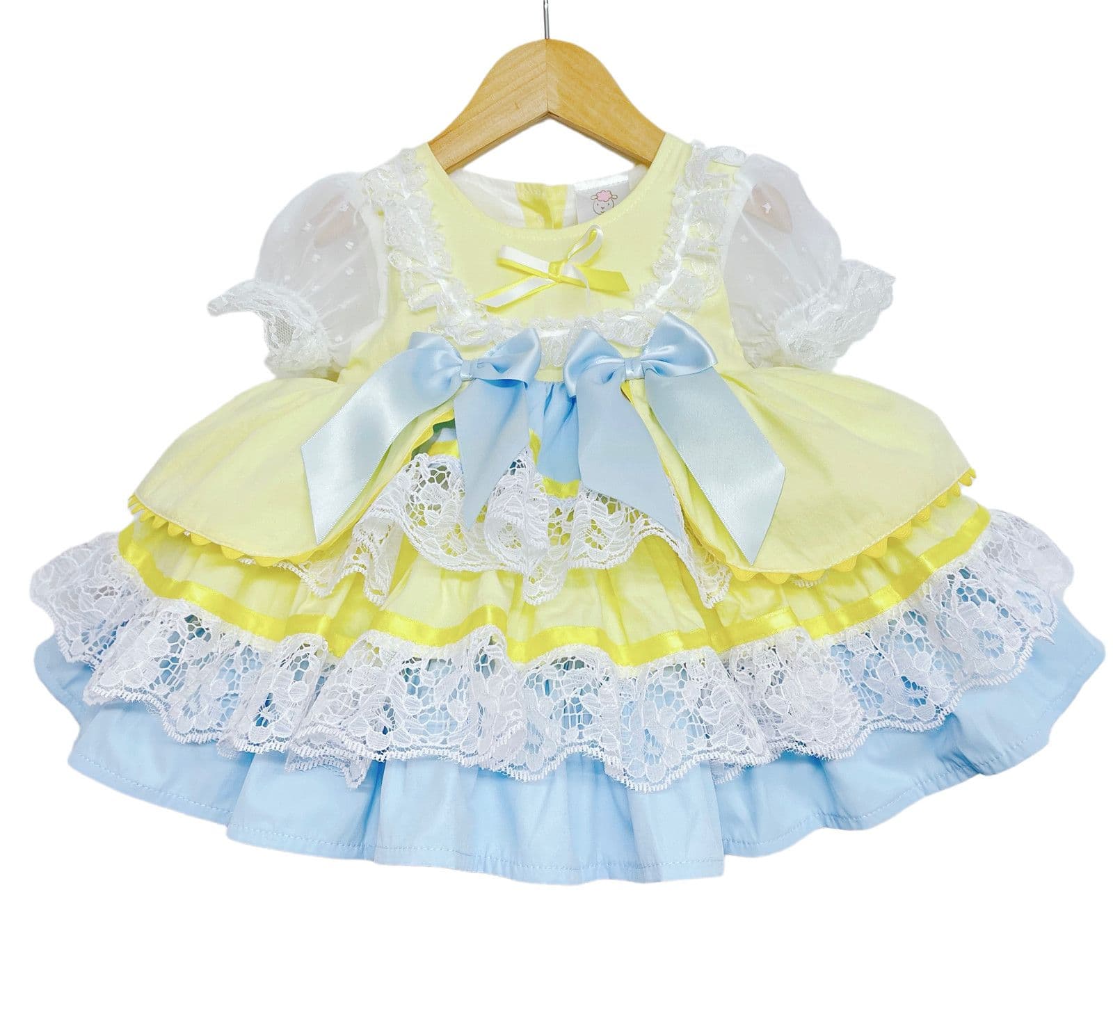 *SALE* Yellow & Blue Spanish Style Baby Girl Dress with Lace & Satin Bows 2159 Yellow