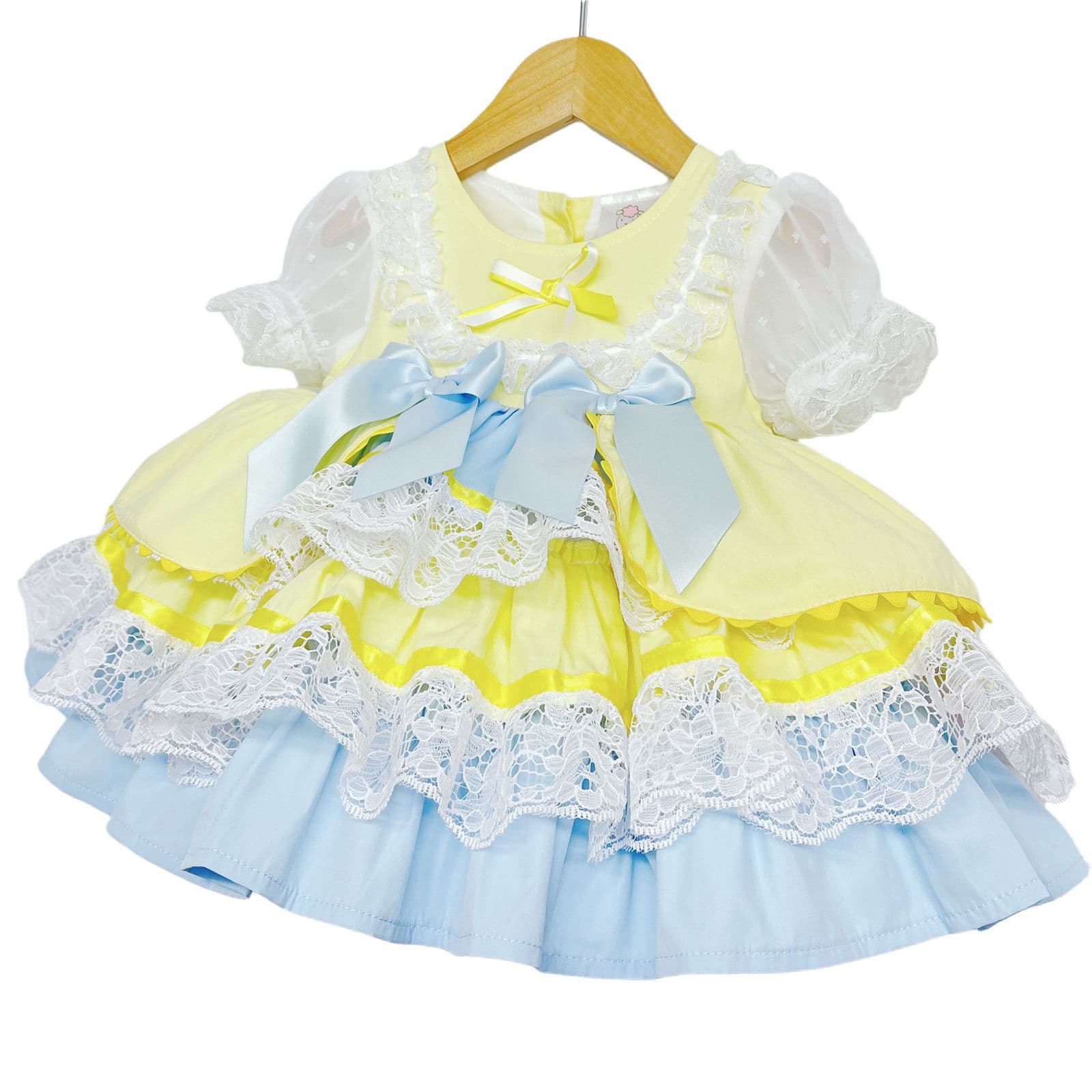 *SALE* Yellow & Blue Spanish Style Baby Girl Dress with Lace & Satin Bows 2159 Yellow