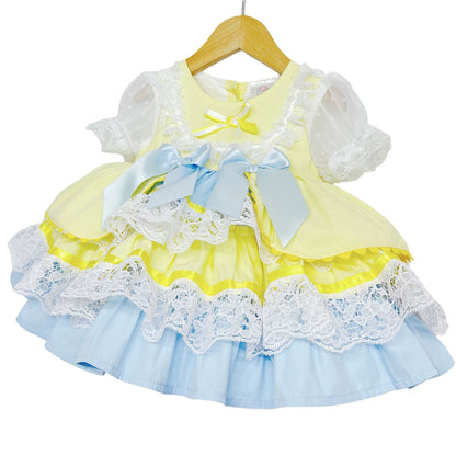 *SALE* Yellow & Blue Spanish Style Baby Girl Dress with Lace & Satin Bows 2159 Yellow