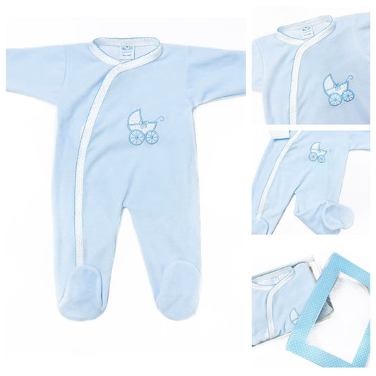 SARDON Baby Boy Blue Cotton Velour Carriage Bodysuit