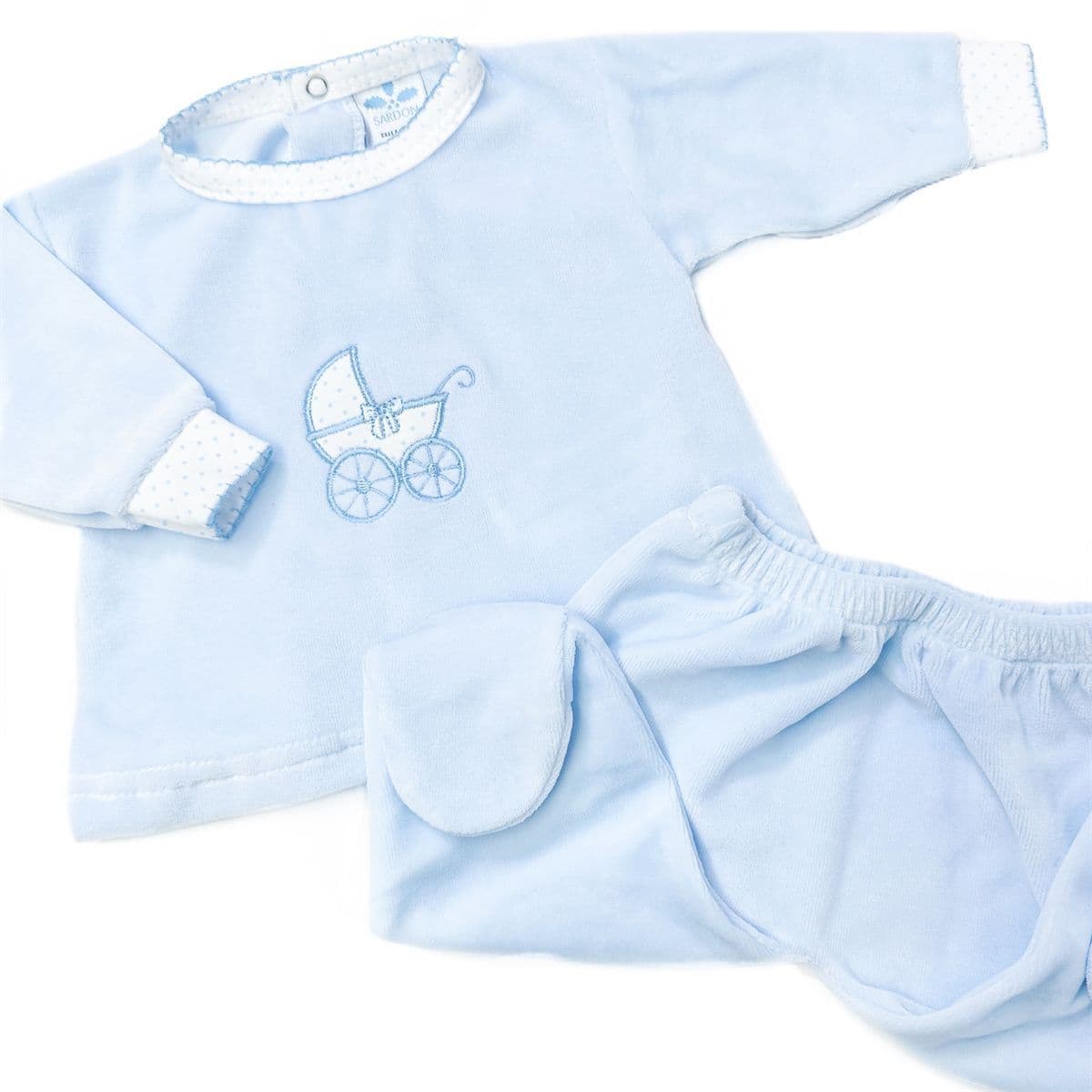 SARDON Baby Boy Blue Cotton Velour Carriage Pram Suit 2 Piece