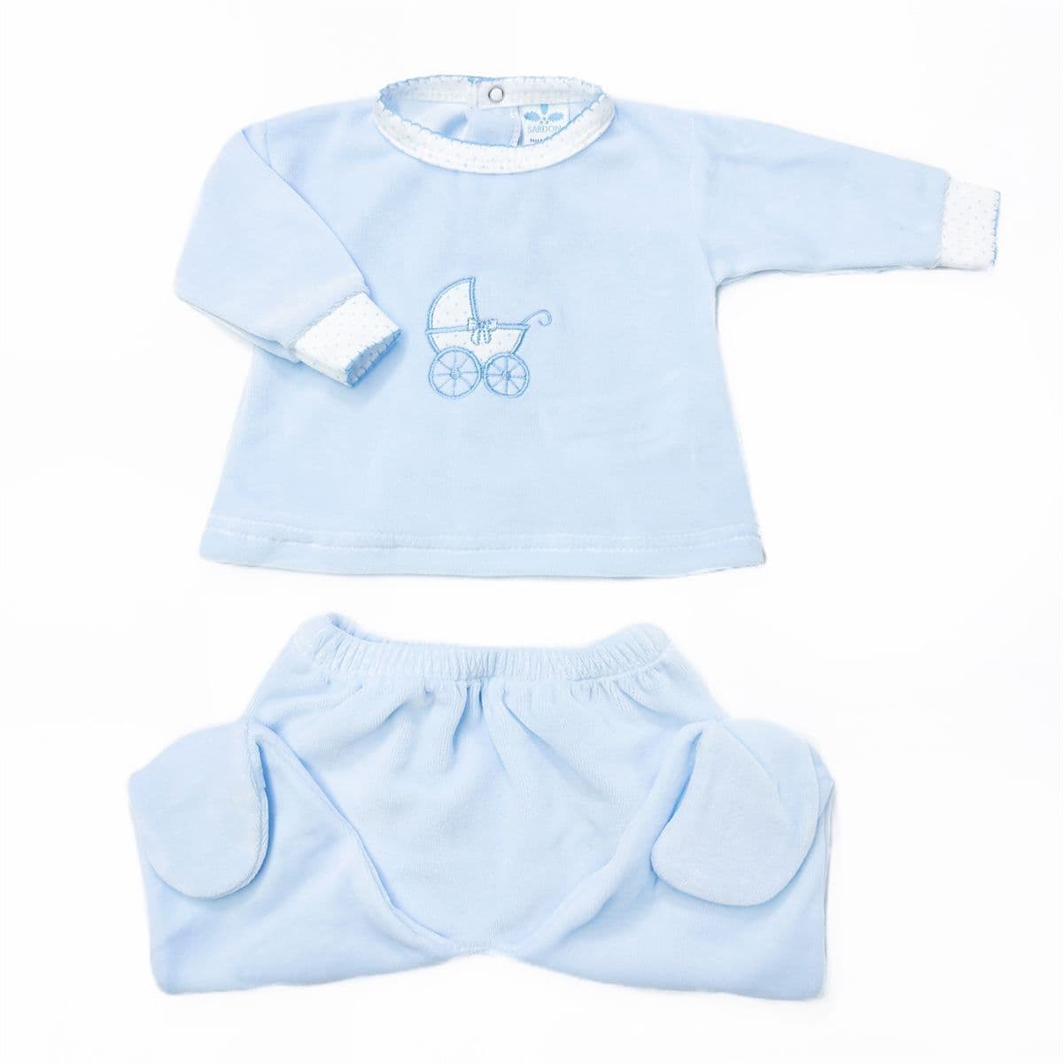 SARDON Baby Boy Blue Cotton Velour Carriage Pram Suit 2 Piece