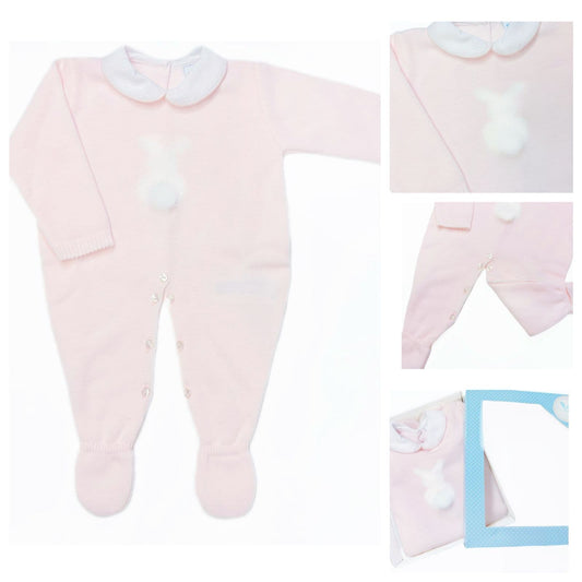 SARDON Baby Girl Pink Knitted Bunny Pom Bodysuit