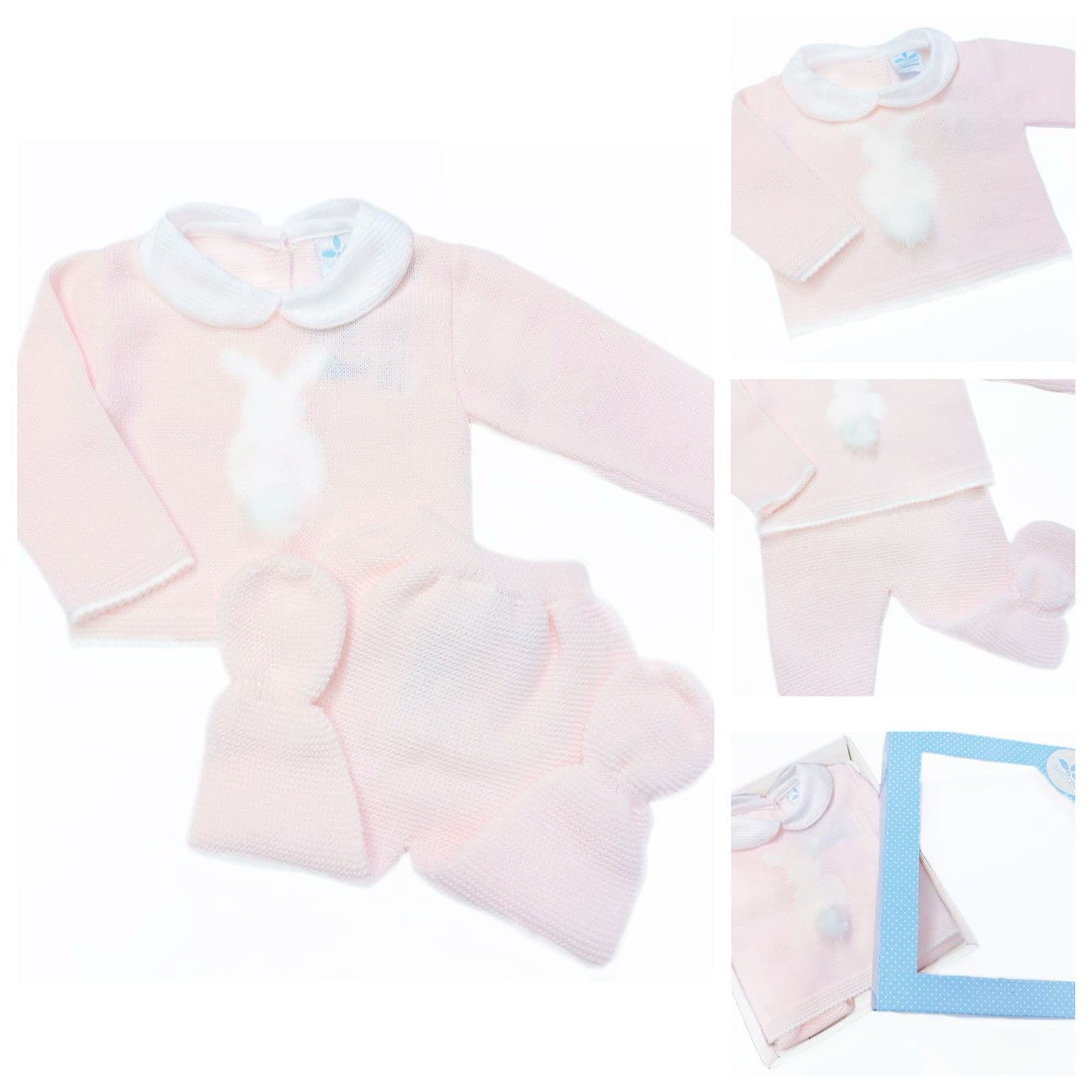 SARDON Baby Girl Pink Knitted Bunny Pom Pram Suit