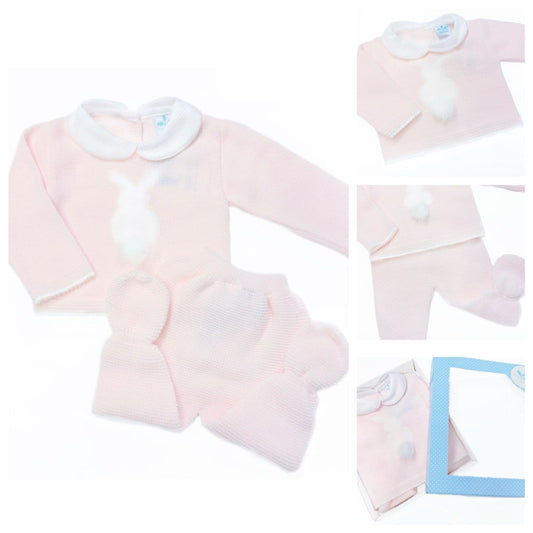SARDON Baby Girl Pink Knitted Bunny Pom Pram Suit