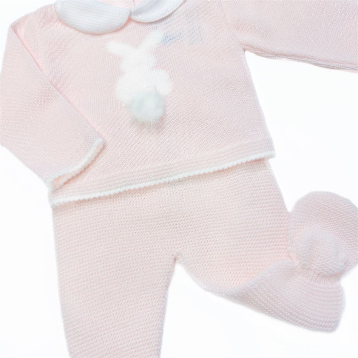 SARDON Baby Girl Pink Knitted Bunny Pom Pram Suit