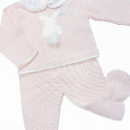 SARDON Baby Girl Pink Knitted Bunny Pom Pram Suit