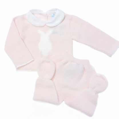 SARDON Baby Girl Pink Knitted Bunny Pom Pram Suit