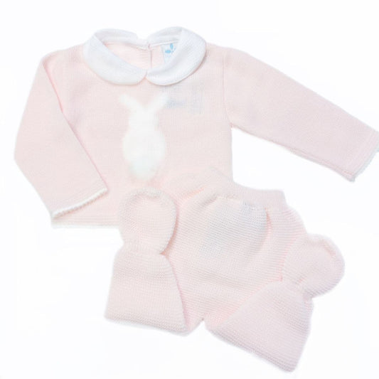 SARDON Baby Girl Pink Knitted Bunny Pom Pram Suit