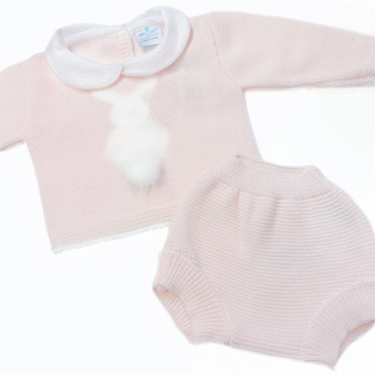 SARDON Baby Girl Pink Knitted Bunny Pom Romper Set