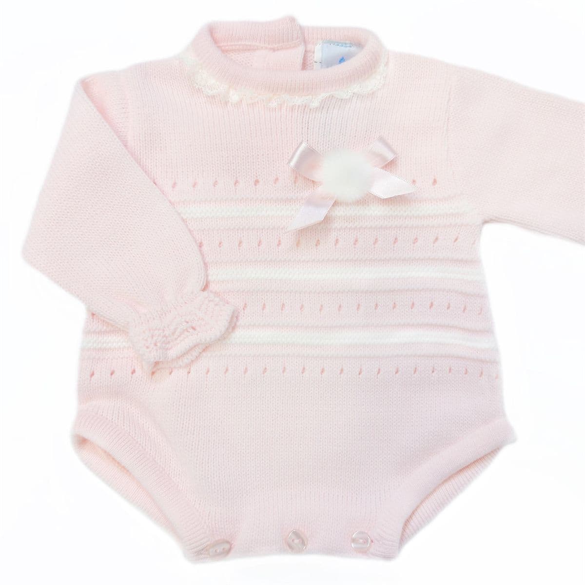SARDON Baby Girl Pink Knitted Pom Pram Romper