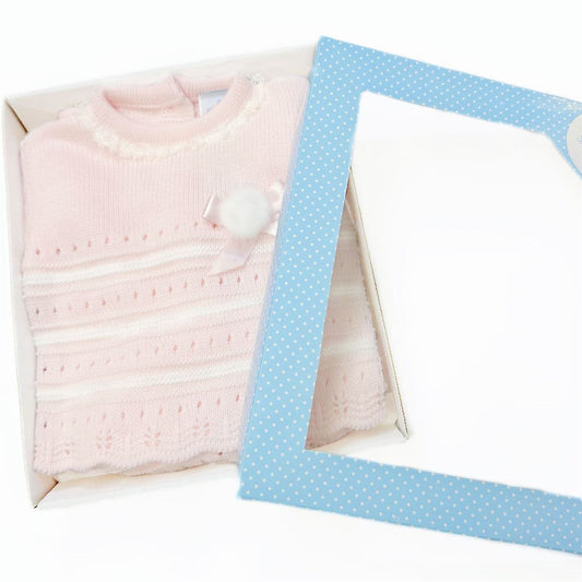 SARDON Baby Girl Pink Knitted Pom Pram Suit with Bonnet