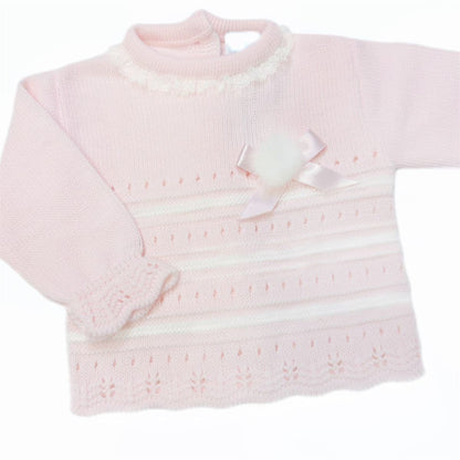 SARDON Baby Girl Pink Knitted Pom Pram Suit with Bonnet