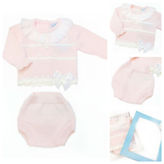 SARDON Baby Girl Pink Knitted Pram Suit with Pants
