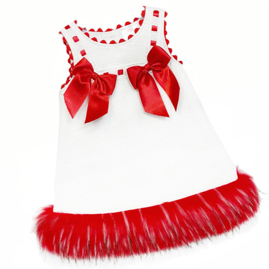 Wee Me Baby Girl White Waffle Dress with Red Fur Bottom "8612R"
