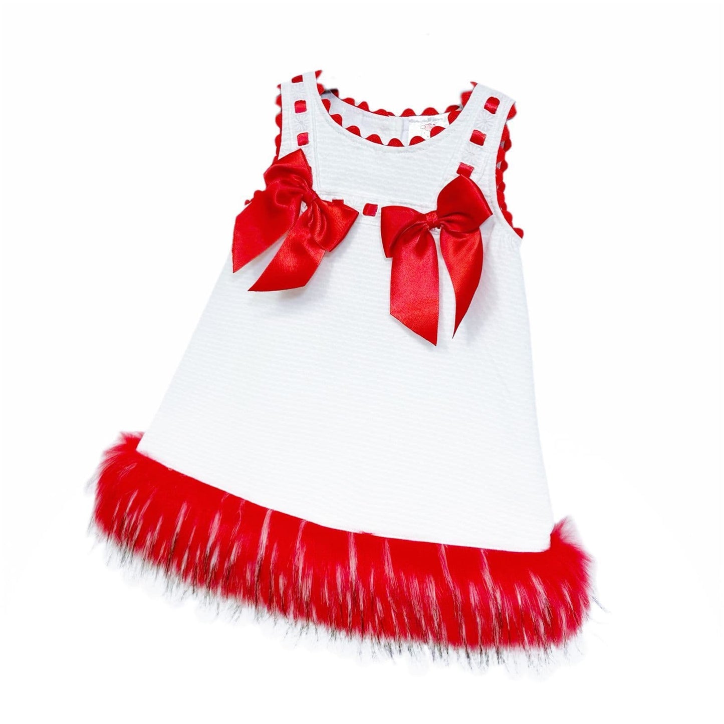 Wee Me Baby Girl White Waffle Dress with Red Fur Bottom "8612R"