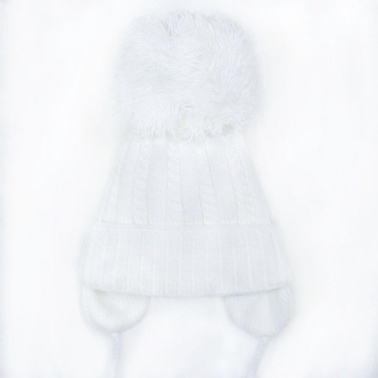 White Big Pom Cable Knit Hat with Tie and Ear Flap