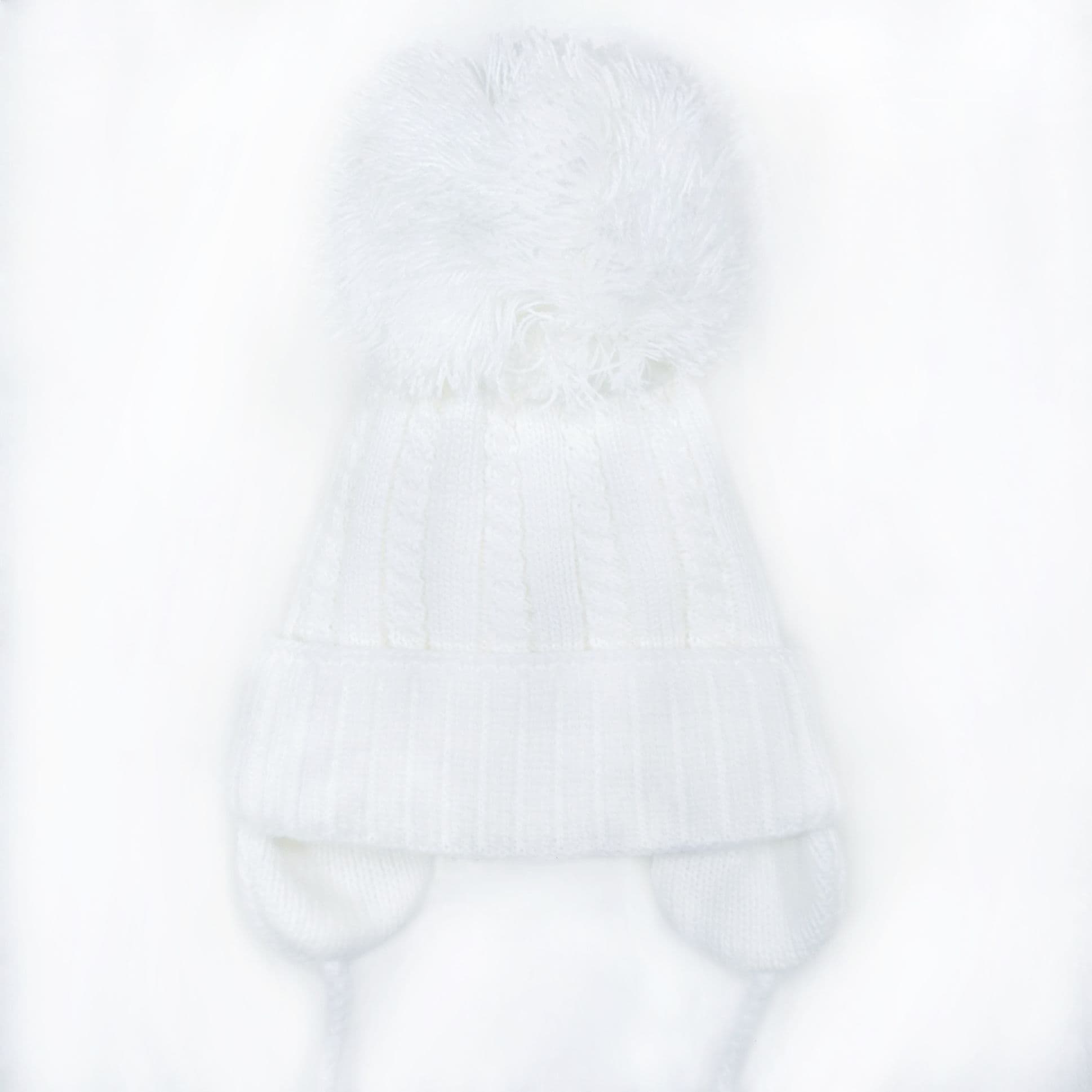 White Big Pom Cable Knit Hat with Tie and Ear Flap