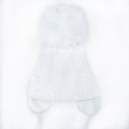 White Big Pom Cable Knit Hat with Tie and Ear Flap
