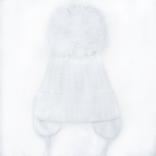 White Big Pom Cable Knit Hat with Tie and Ear Flap