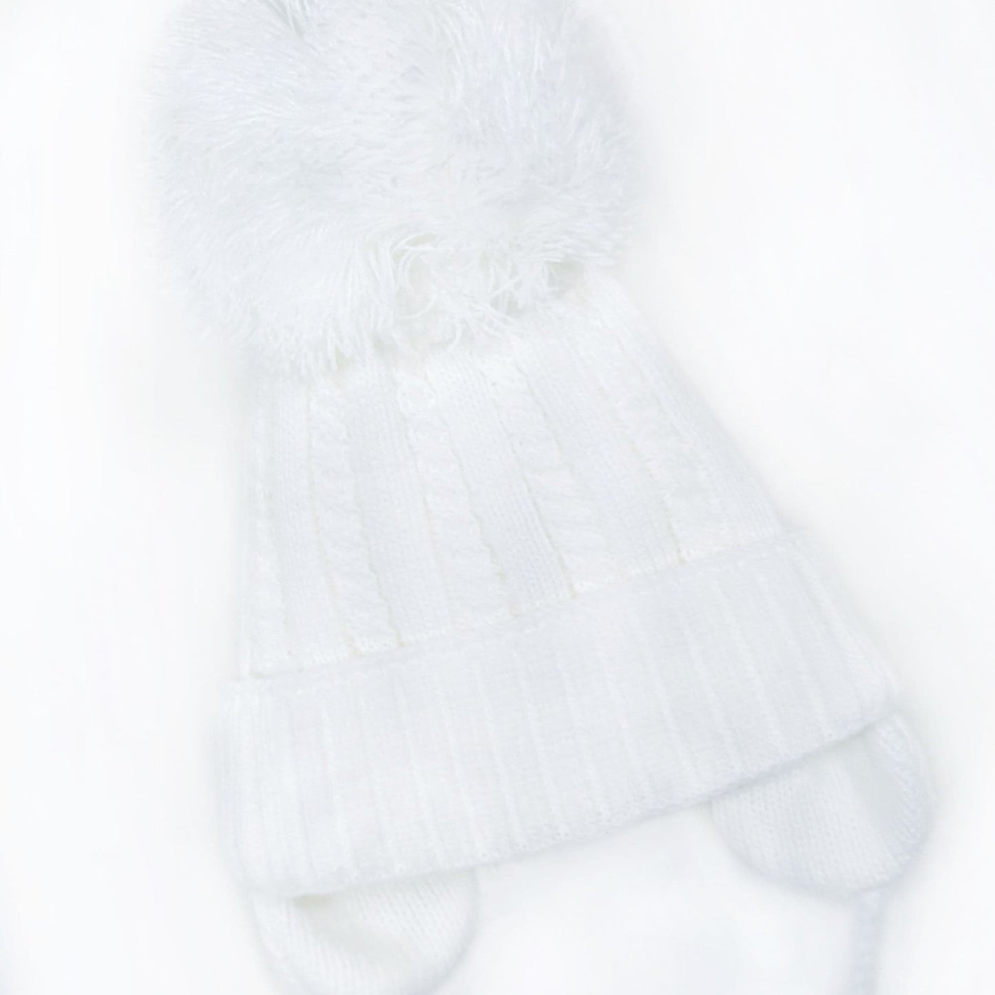 White Big Pom Cable Knit Hat with Tie and Ear Flap