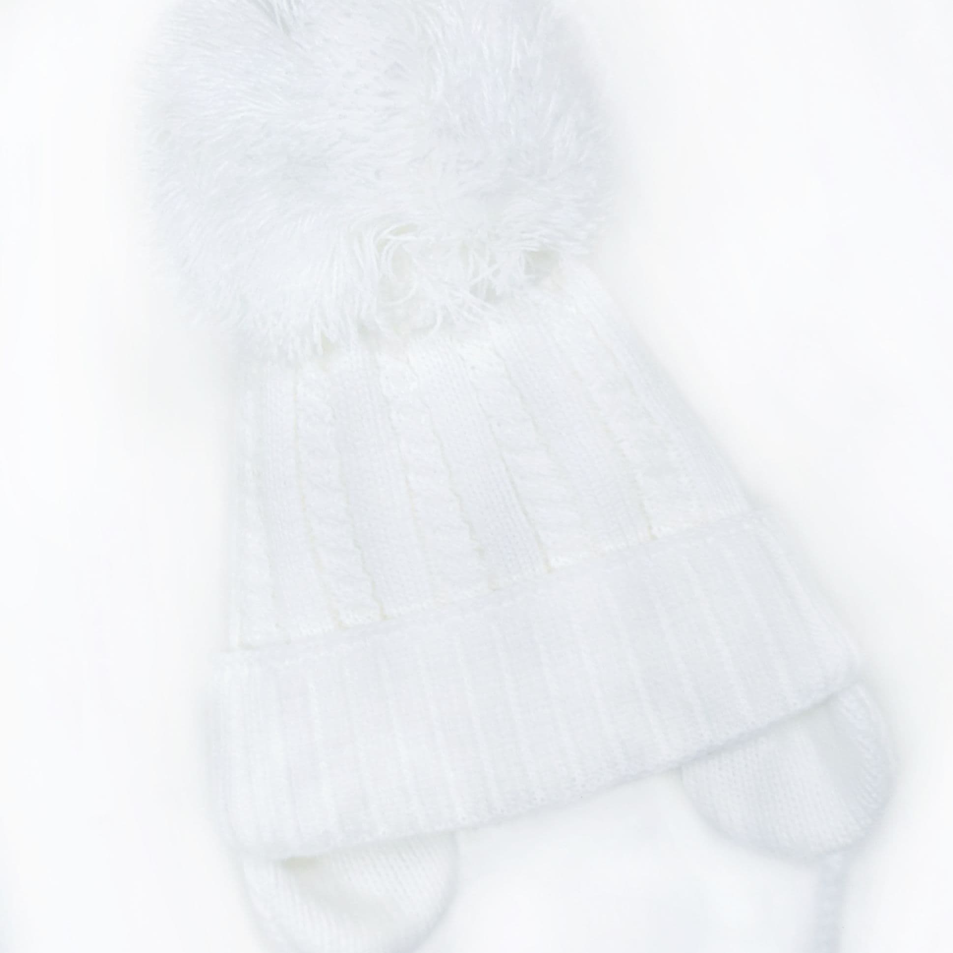 White Big Pom Cable Knit Hat with Tie and Ear Flap