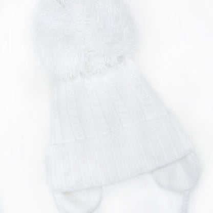 White Big Pom Cable Knit Hat with Tie and Ear Flap