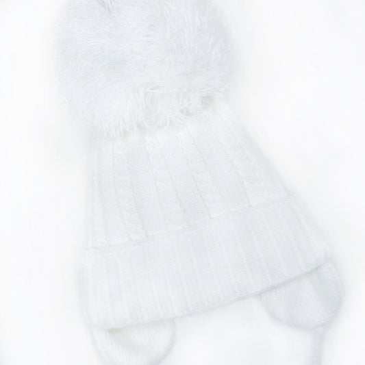 White Big Pom Cable Knit Hat with Tie and Ear Flap