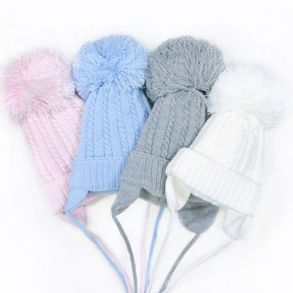 White Big Pom Cable Knit Hat with Tie and Ear Flap