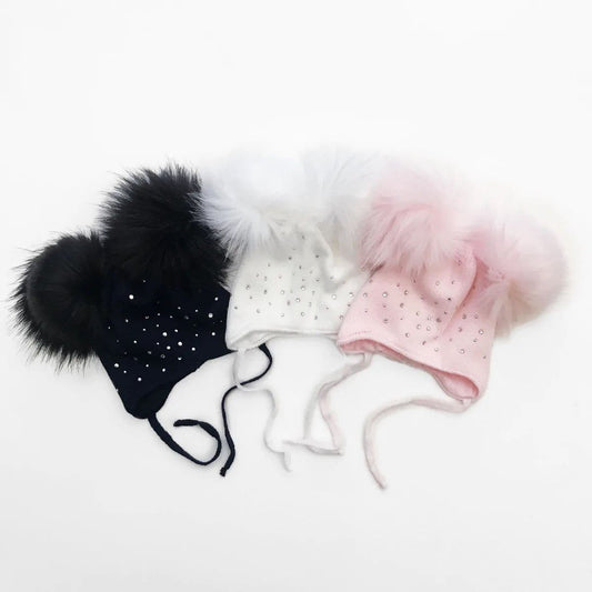 White Double Fur Pom Hat with Tie and Diamantes - Double Thickness