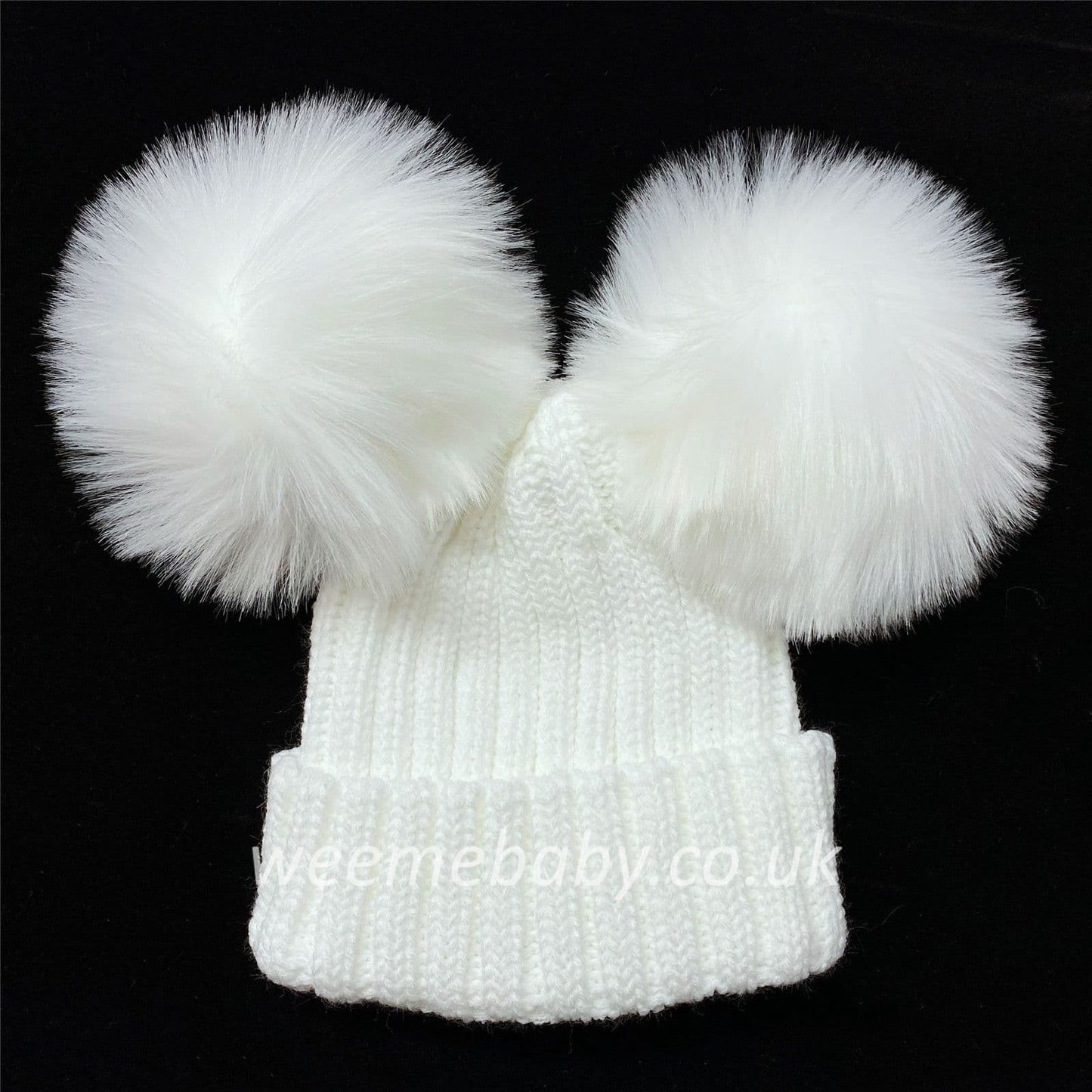 White Double Mega Faux Fur Pom Hat Ribbed Knit